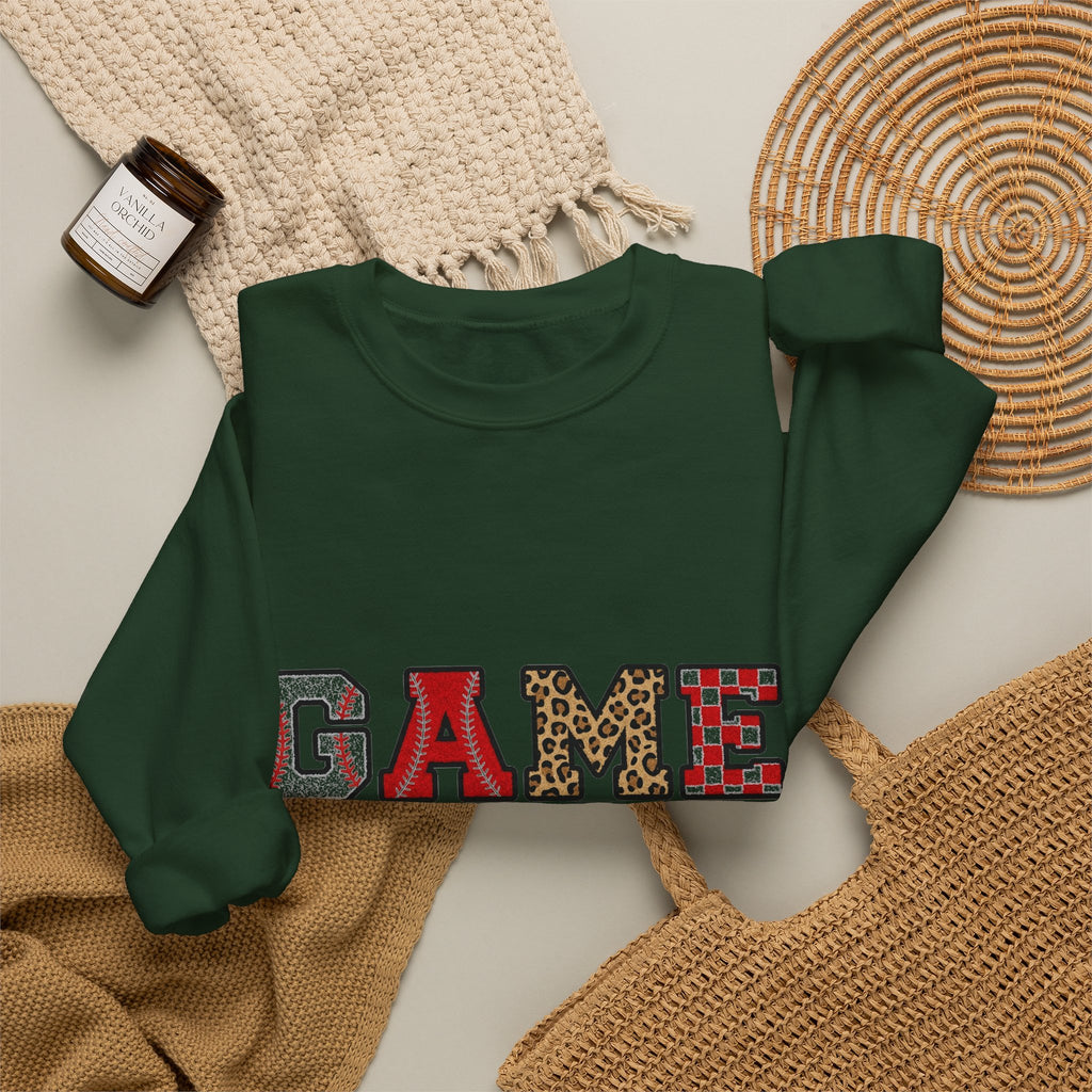 Game Day Sweatshirt, Baseball Leopard Checkered Chenille Letters Sweatshirt, Baseball Mom Sweatshirt, Softball Game Day Gift, Sports Mom Var