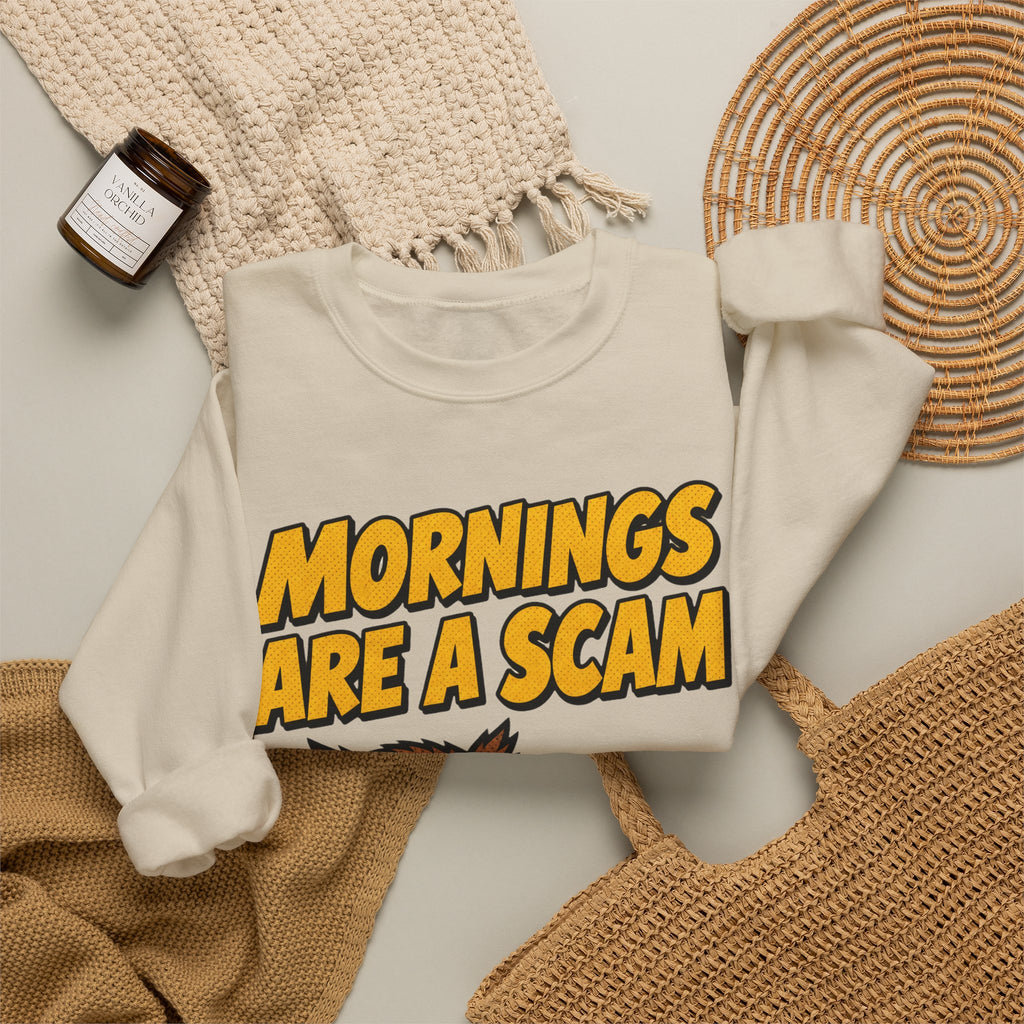 Sarcastic Sweatshirt Mornings Are A Scam | Grumpy Owl Comic Sweatshirt | Funny Not A Morning Person Gift | Anti Morning