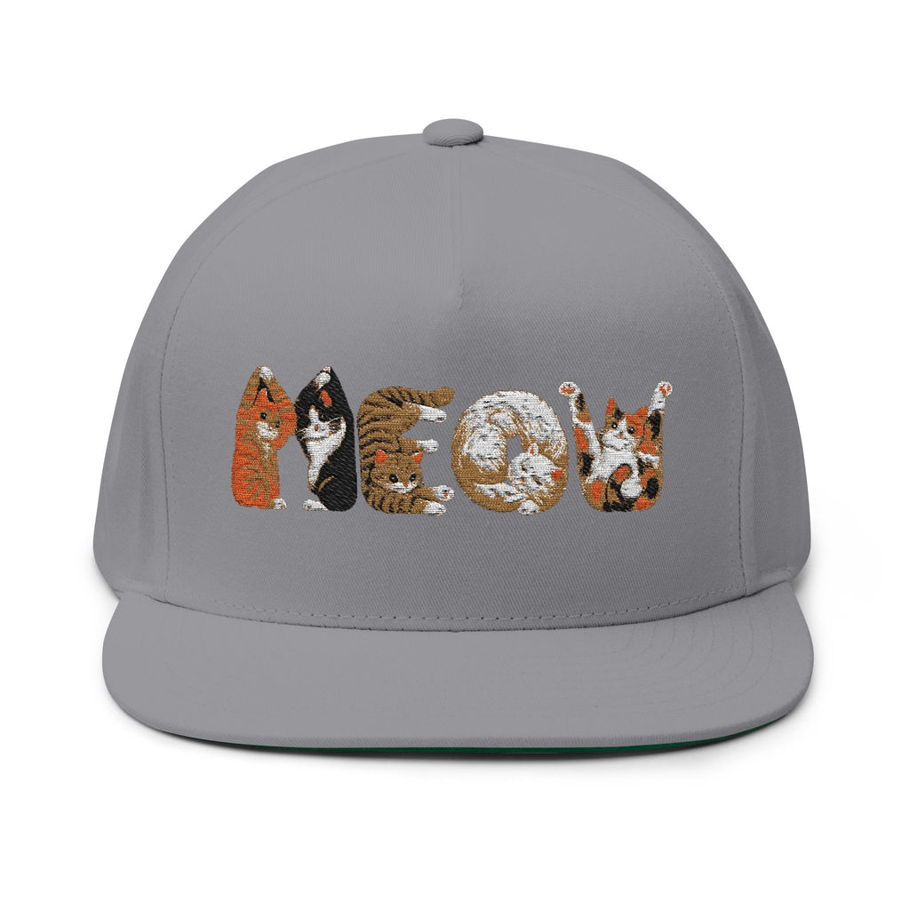 Cat Crew Embroidered Flat Bill Cap — 'MEOW' Animal Patch Snapback