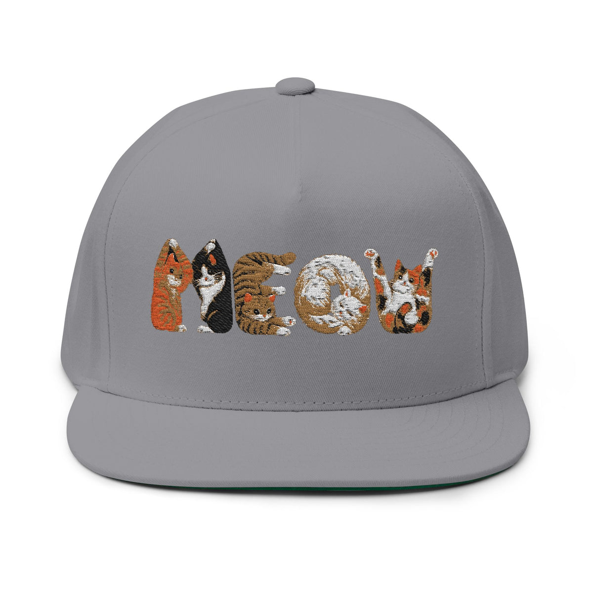 Cat Crew Embroidered Flat Bill Cap — 'MEOW' Animal Patch Snapback