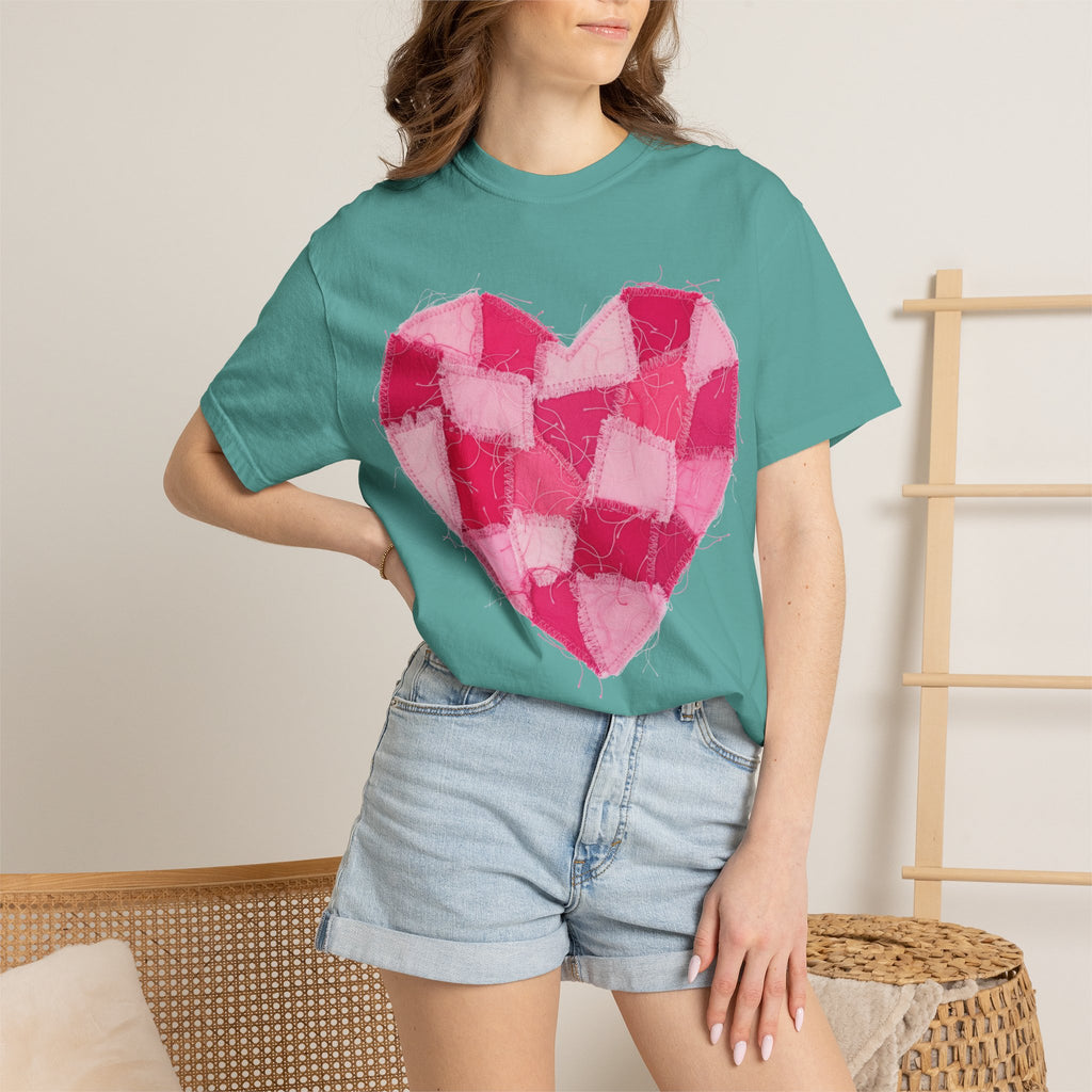 Hot Pink Patchwork Heart Shirt, Checkered Quilt Heart Tee, Frayed Applique Valentine Shirt, Gift For Her