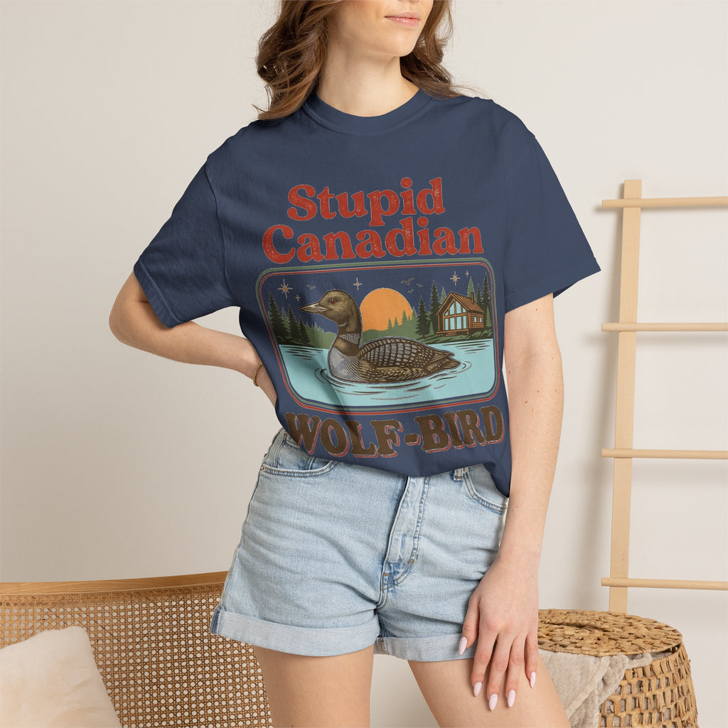Stupid Canadian Wolf-Bird Classic Shirt, Loon Lake Scene Badge Tee, Funny Cabin Shirt, Lake Life Gift