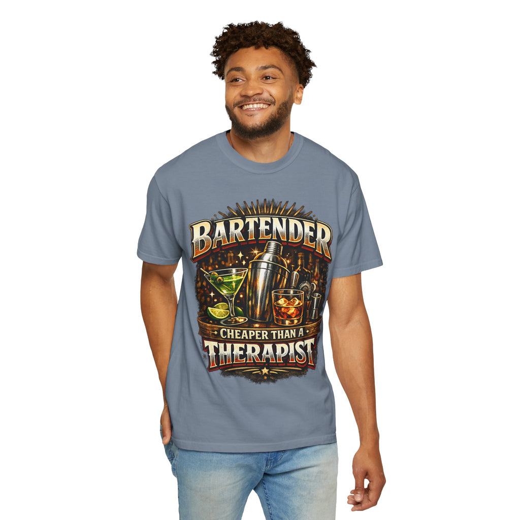 Bartender T-Shirt — "Bartender: Cheaper Than a Therapist" Vintage Bar Graphic Tee