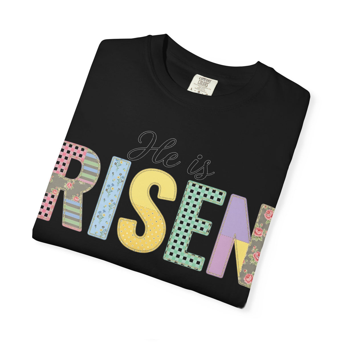 He Is Risen Patchwork Shirt, Faux Applique Easter Tee, Gingham Floral Christian Shirt, Easter Gift