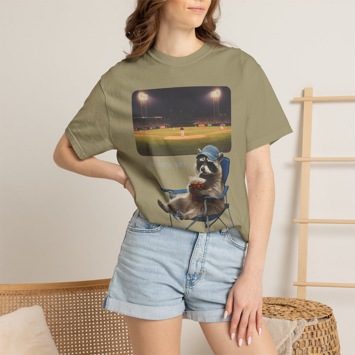 I Live Here Now Ballpark Raccoon Shirt, Funny Baseball Parent Tee, Camp Chair Raccoon Shirt, Sports Mom Gift