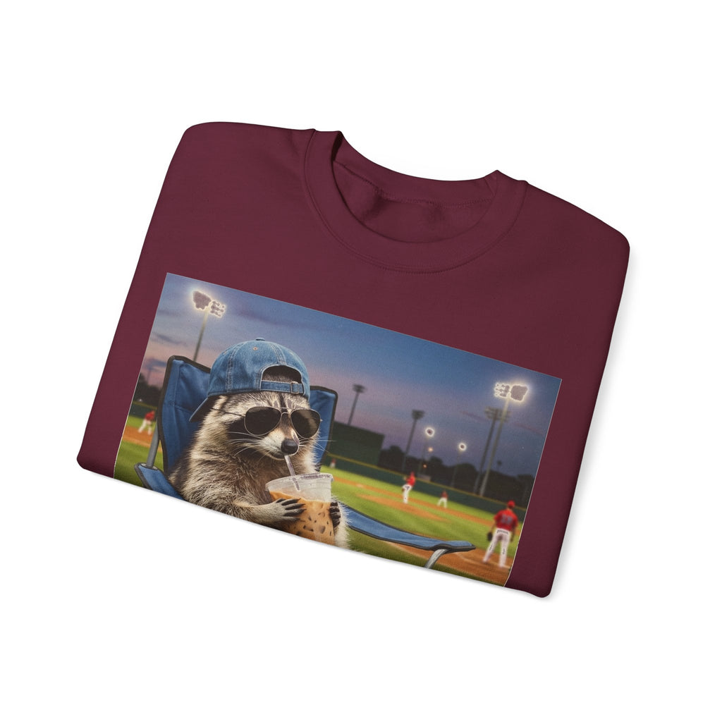 I Live Here Now Raccoon Baseball Sweatshirt, Funny Baseball Mom Sweatshirt, Raccoon Camp Chair Stadium Sweatshirt, Travel Ball Parent Gift,