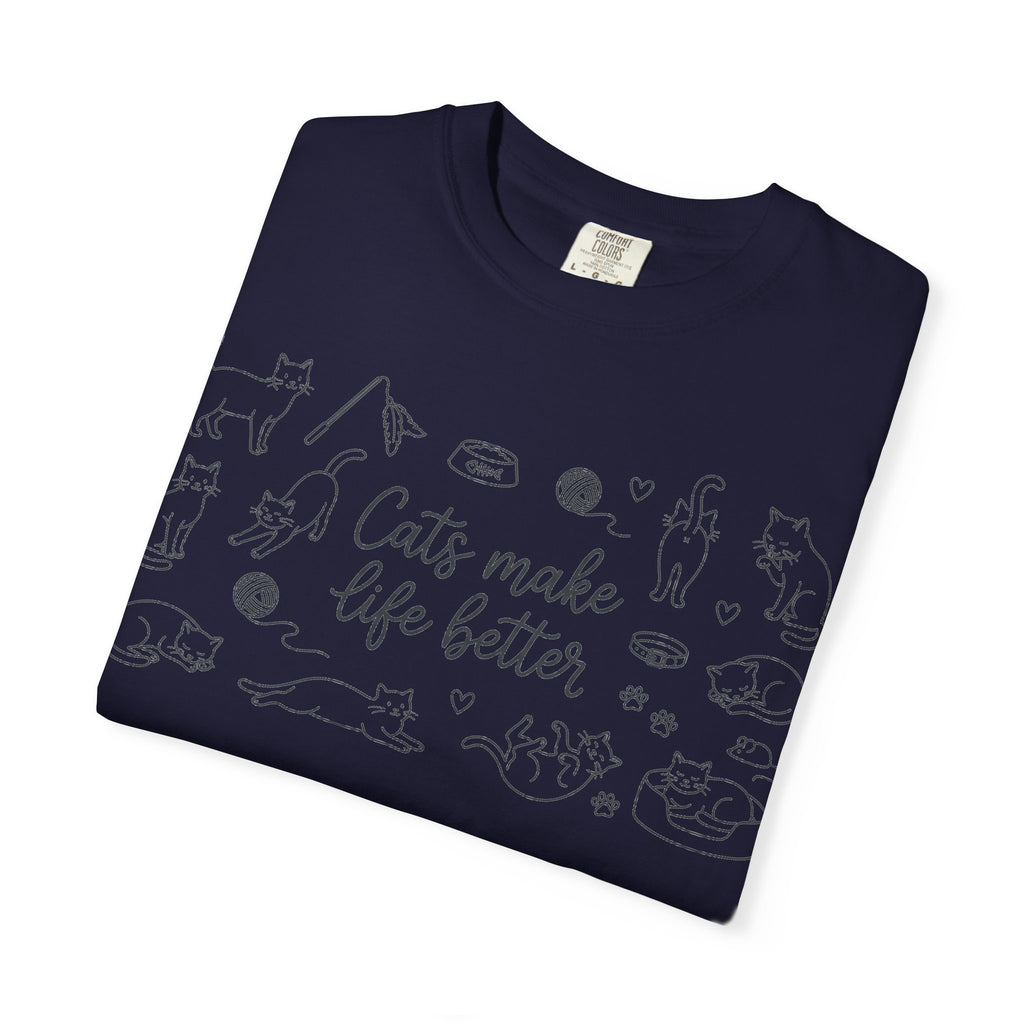Cats Make Life Better Wide Shirt, Scattered Cat Doodle Tee, Minimal Cat Lover Shirt, Cat Owner Gift