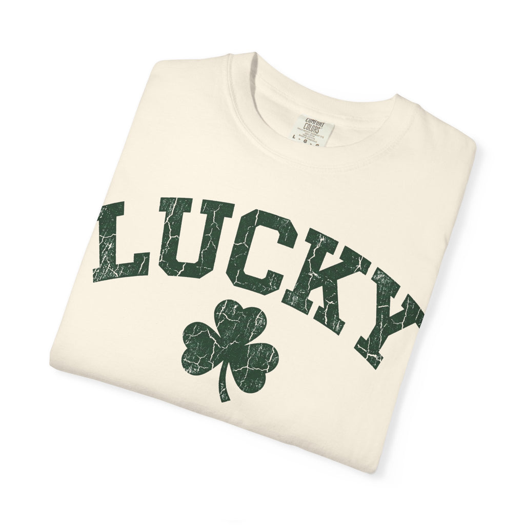 Lucky Clover Collegiate Shirt, Cracked Varsity Green Tee, St Patricks Day Shirt, Shamrock Gift