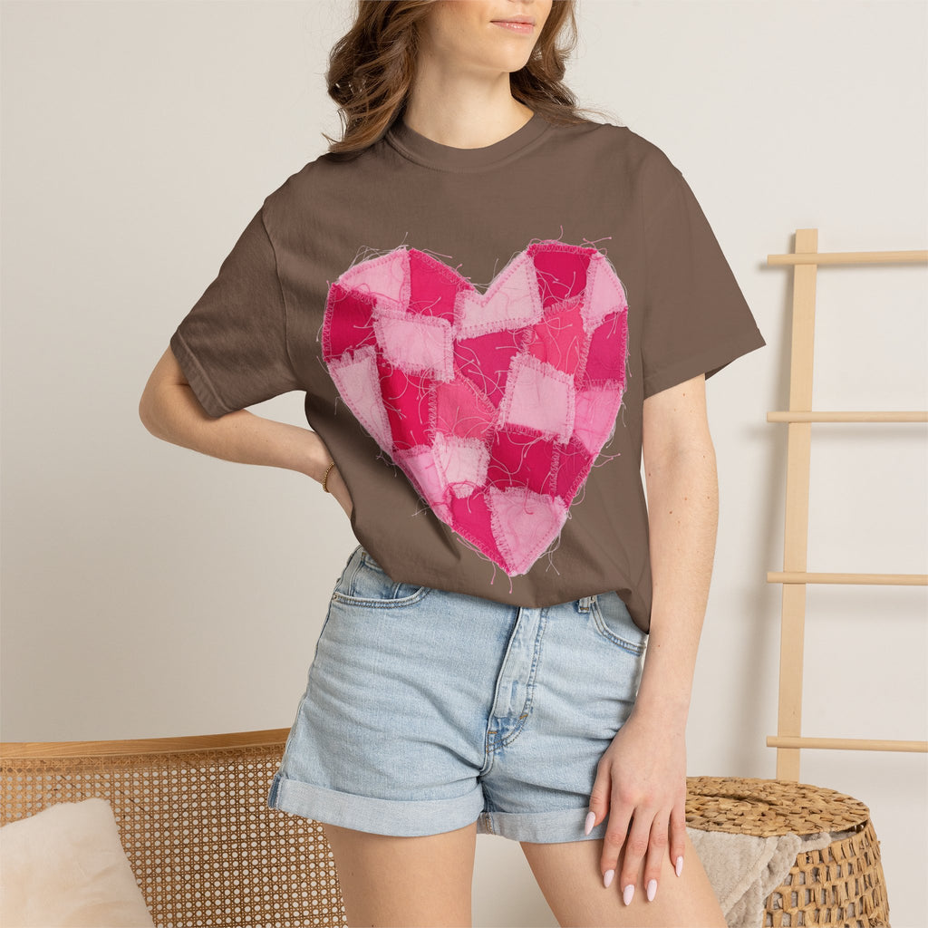 Hot Pink Patchwork Heart Shirt, Checkered Quilt Heart Tee, Frayed Applique Valentine Shirt, Gift For Her