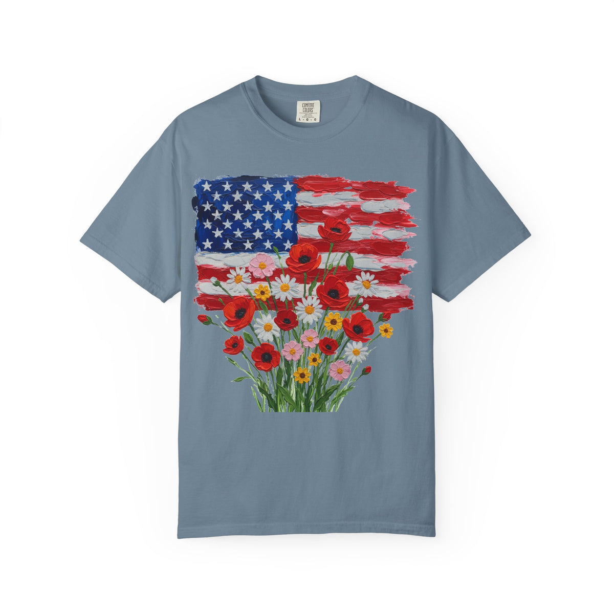 American Flag Poppy Bouquet Shirt, Impasto Patriotic Floral Tee, Memorial Day Shirt, Veterans Gift