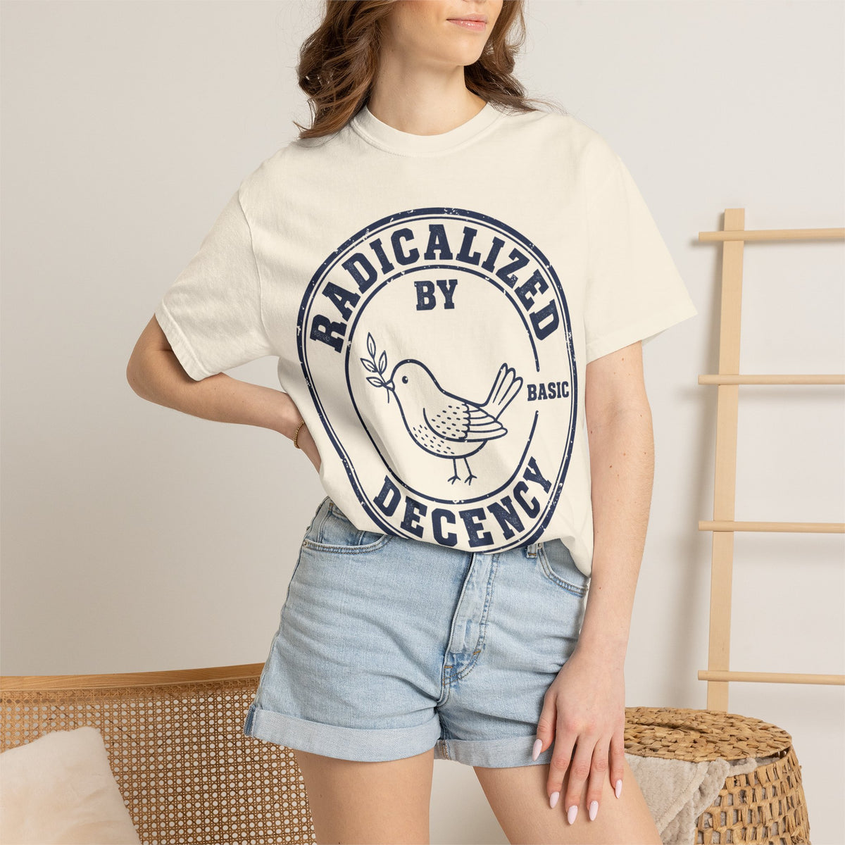 Radicalized By Basic Decency Navy Stamp Shirt, Line Art Dove Badge Tee, Kindness Protest Shirt, Activist Gift