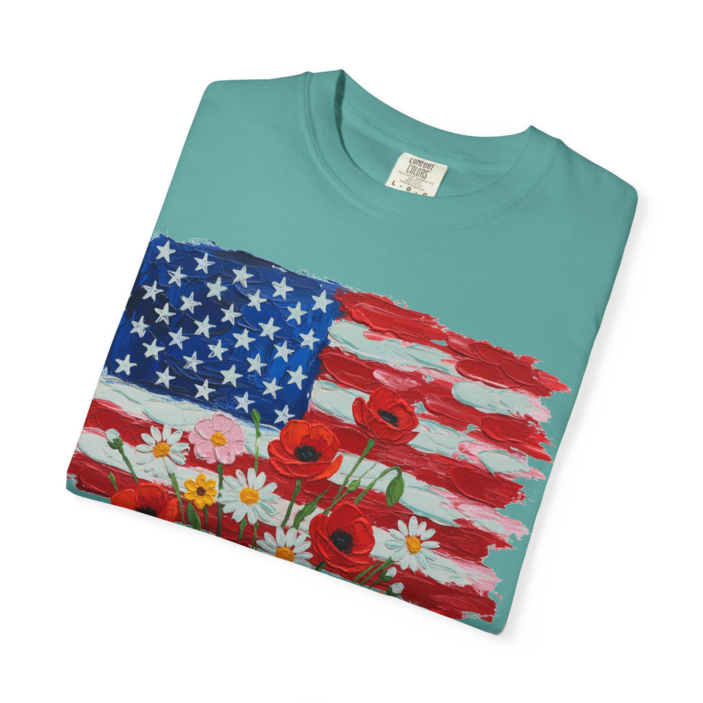 American Flag Poppy Bouquet Shirt, Impasto Patriotic Floral Tee, Memorial Day Shirt, Veterans Gift
