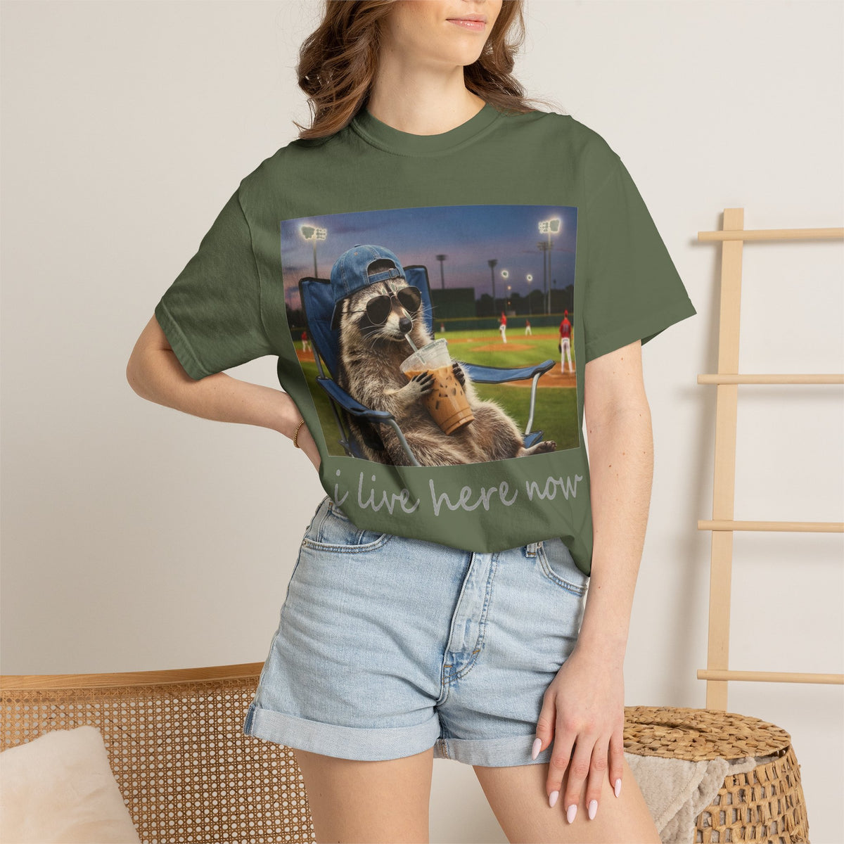 I Live Here Now Baseball Raccoon Shirt, Funny Sports Parent Tee, Iced Coffee Raccoon Shirt, Baseball Mom Gift