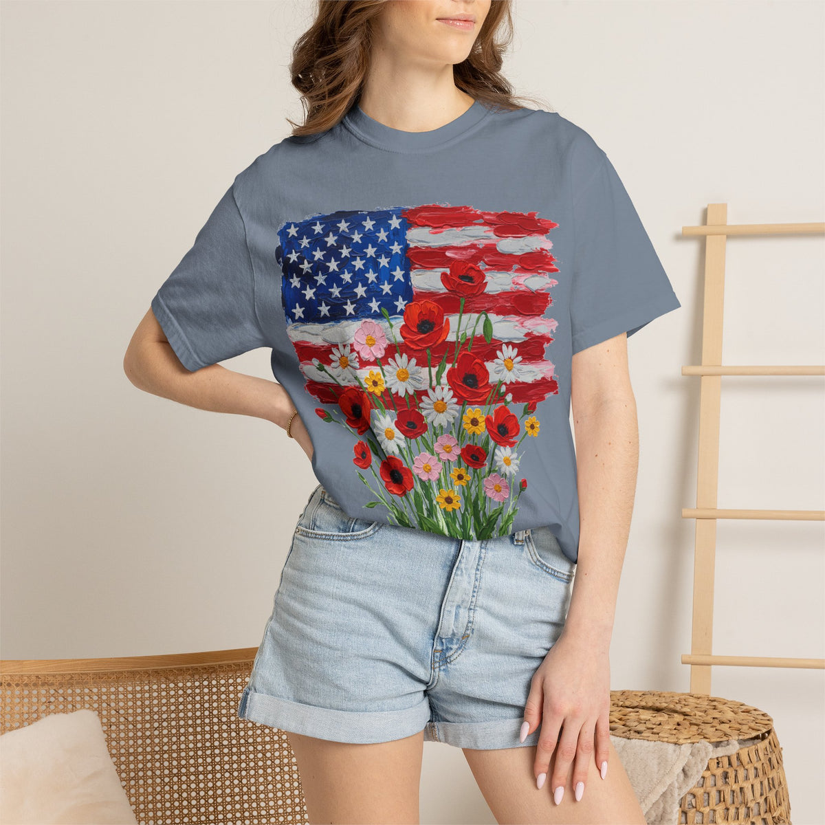 American Flag Poppy Bouquet Shirt, Impasto Patriotic Floral Tee, Memorial Day Shirt, Veterans Gift