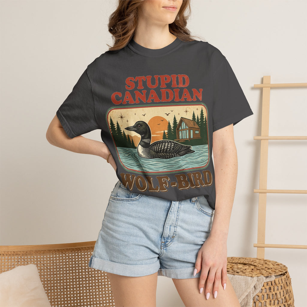 Stupid Canadian Wolf-Bird Shirt, Retro Loon Lake Badge Tee, Funny Canada Cabin Shirt, Lake Life Gift