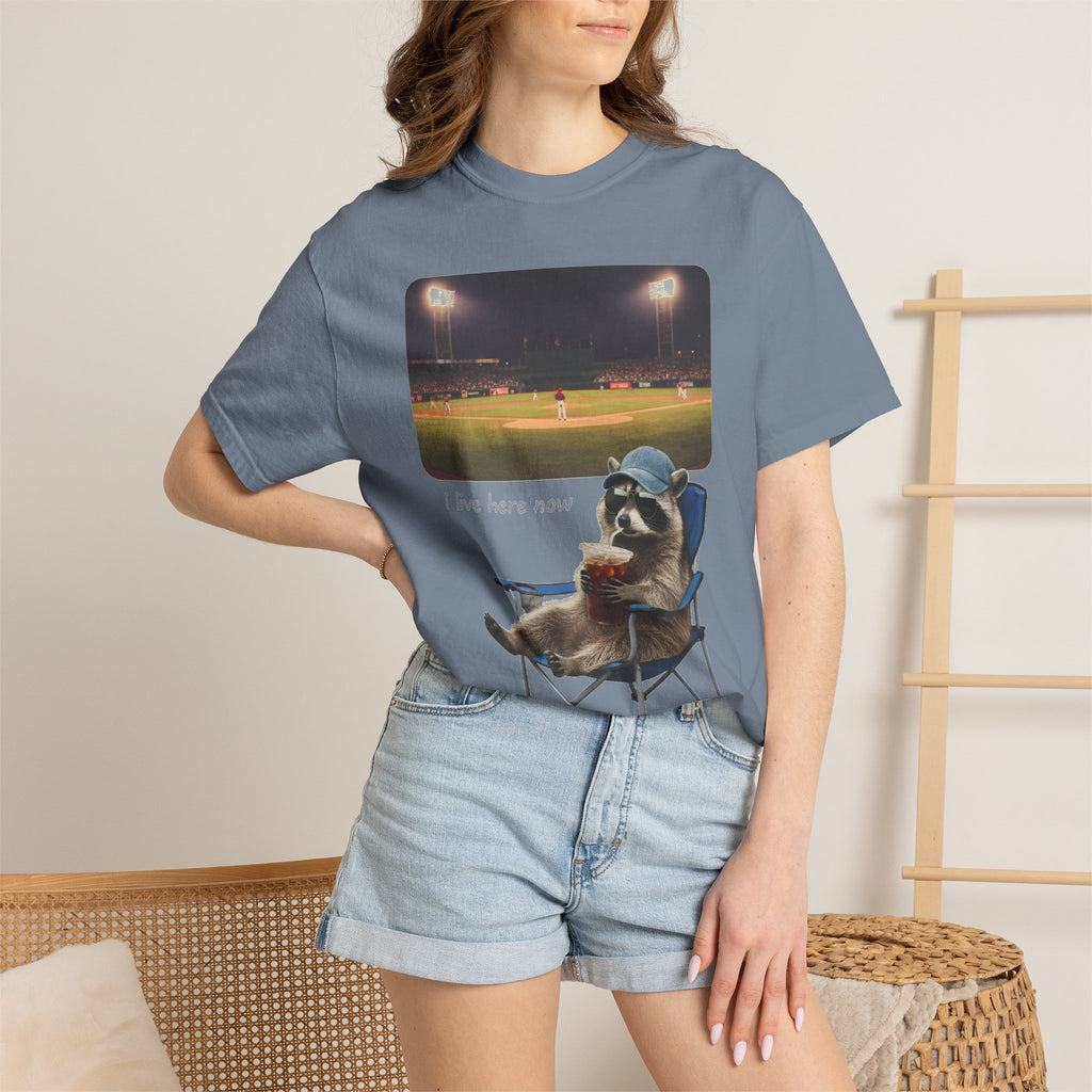 I Live Here Now Ballpark Raccoon Shirt, Funny Baseball Parent Tee, Camp Chair Raccoon Shirt, Sports Mom Gift