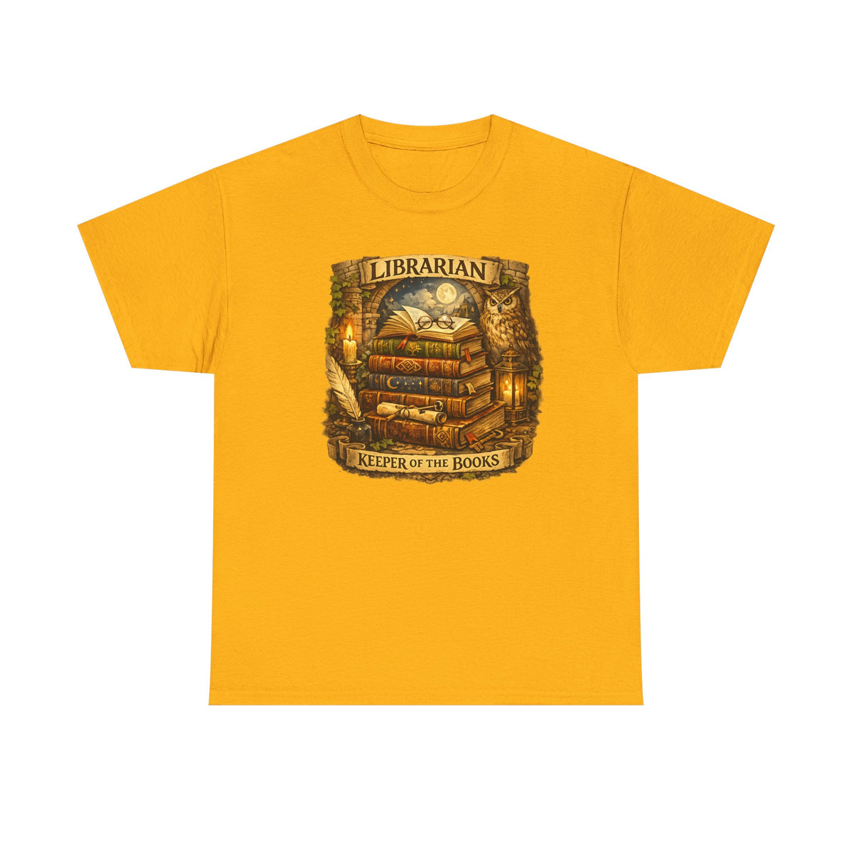 Librarian 'Keeper of the Books' T-Shirt — Vintage Bookstack & Owl Graphic