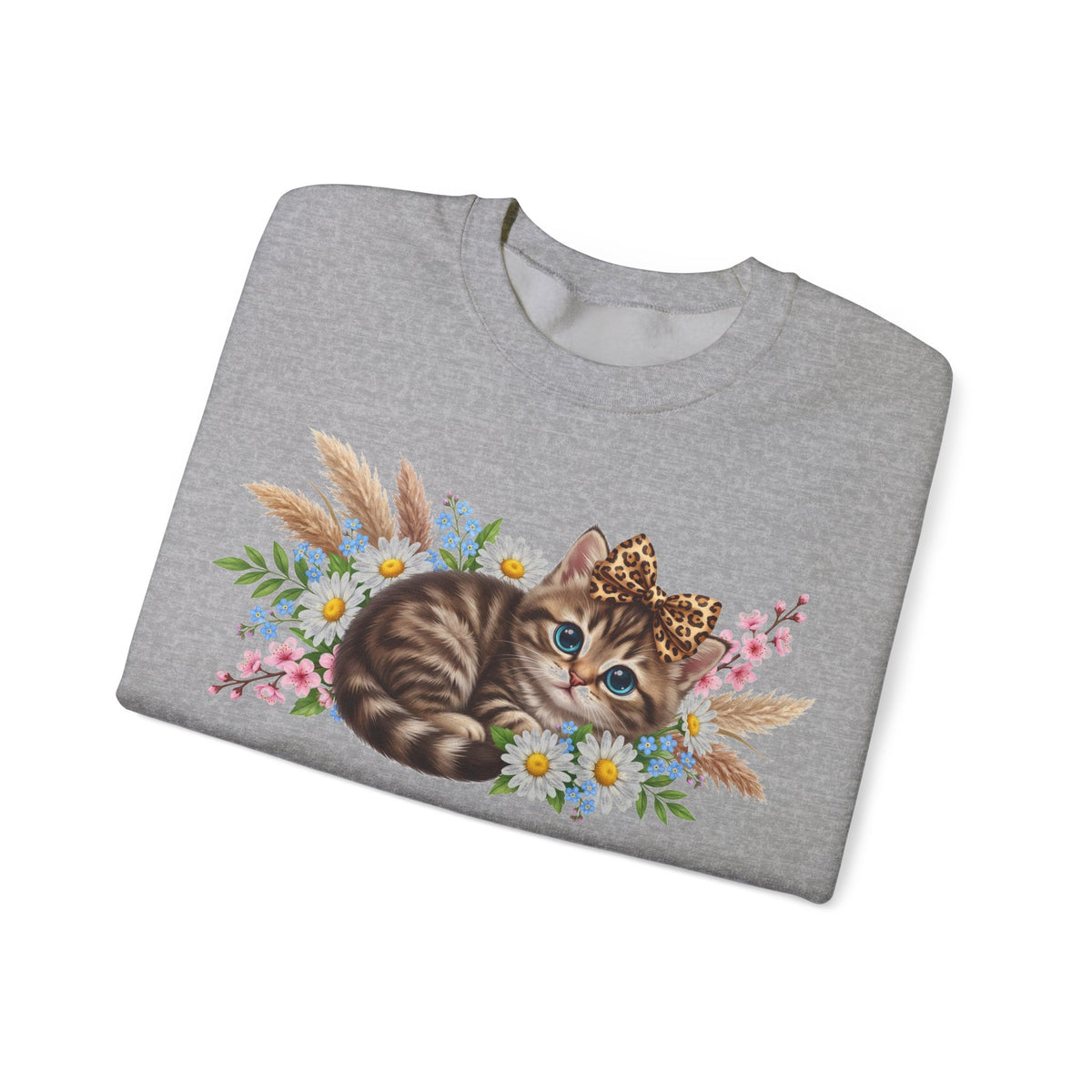 Cute Kitten Sweatshirt, Leopard Bow Floral Cat Sweatshirt, Coquette Cat Lover Gift, Tabby Kitten Pampas Flowers Sweatshirt, Cat Mom Boho Swe