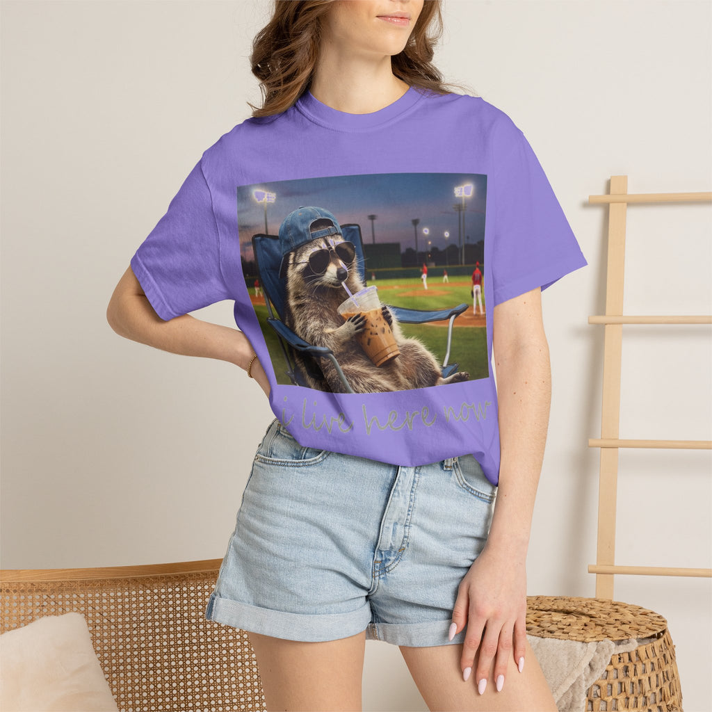 I Live Here Now Baseball Raccoon Shirt, Funny Sports Parent Tee, Iced Coffee Raccoon Shirt, Baseball Mom Gift