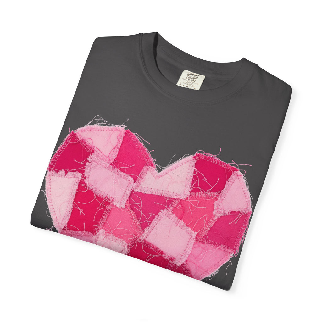 Hot Pink Patchwork Heart Shirt, Checkered Quilt Heart Tee, Frayed Applique Valentine Shirt, Gift For Her