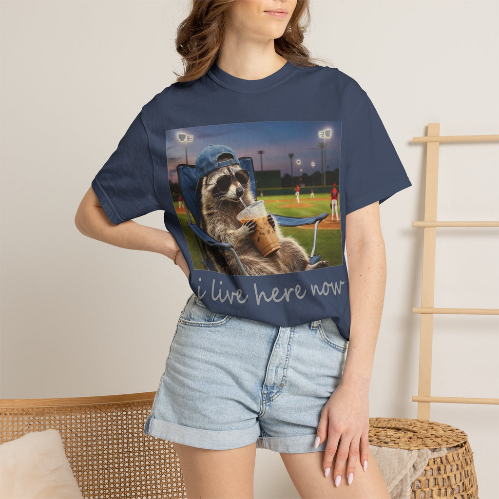 I Live Here Now Baseball Raccoon Shirt, Funny Sports Parent Tee, Iced Coffee Raccoon Shirt, Baseball Mom Gift