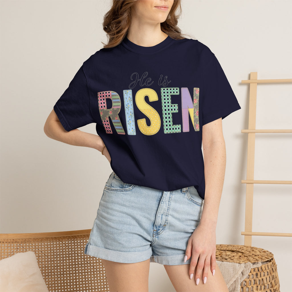 He Is Risen Patchwork Shirt, Faux Applique Easter Tee, Gingham Floral Christian Shirt, Easter Gift