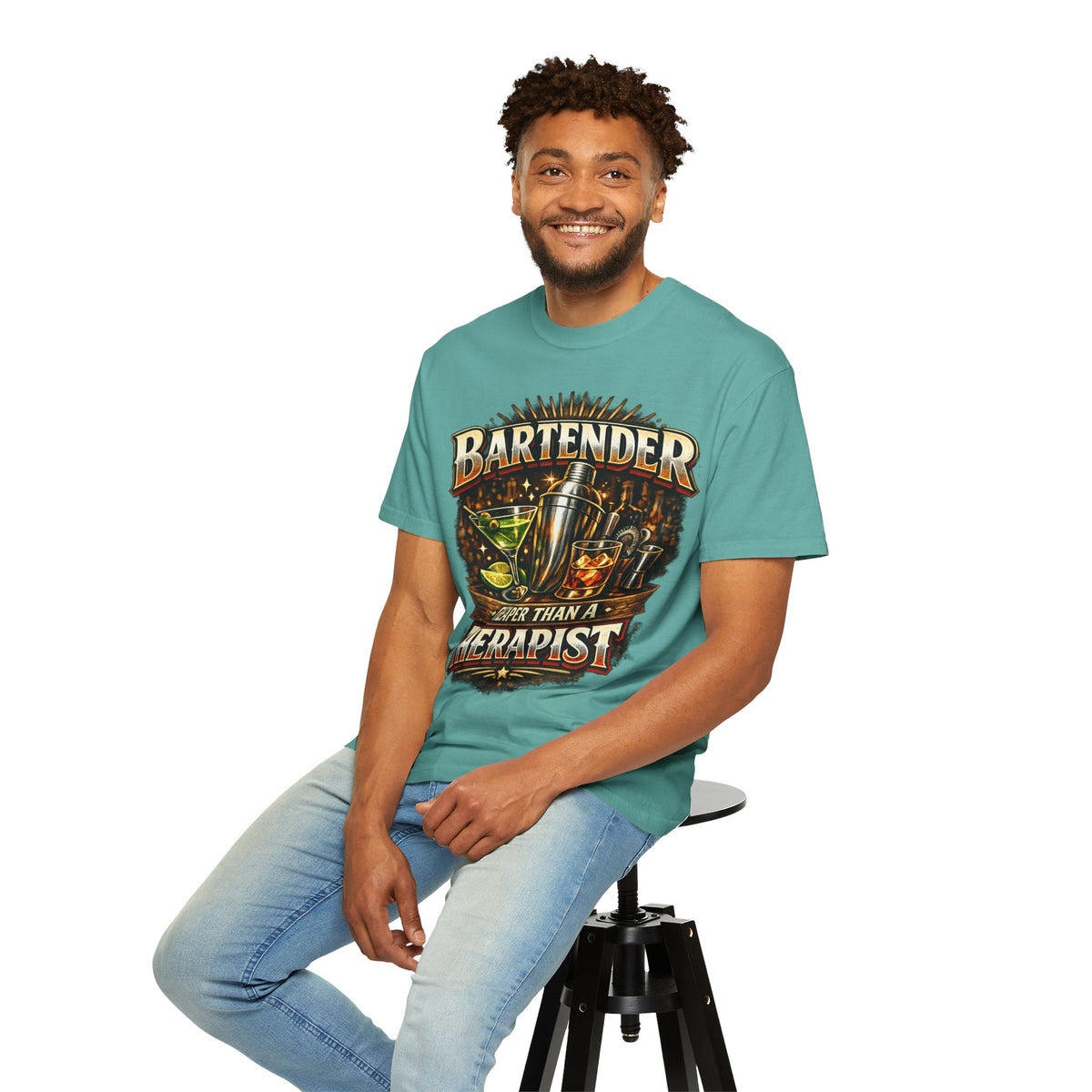 Bartender T-Shirt — "Bartender: Cheaper Than a Therapist" Vintage Bar Graphic Tee