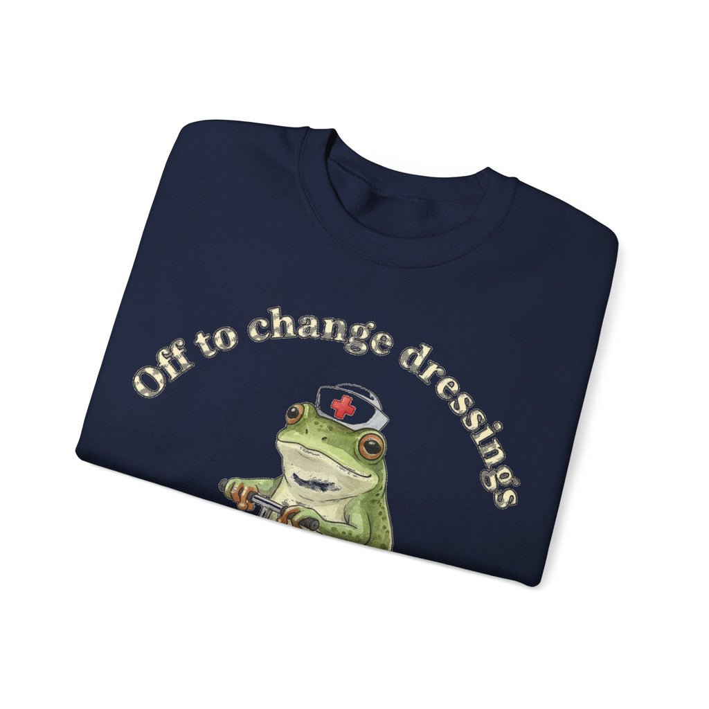 Off To Change Dressings Frog Nurse Sweatshirt, Wound Care Nurse Sweatshirt, Funny Frog Scooter Nurse Gift, Vintage RN Humor Sweatshirt, Scru