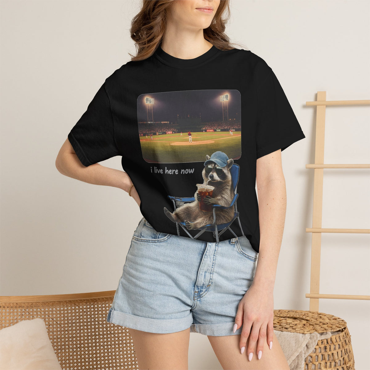 I Live Here Now Ballpark Raccoon Shirt, Funny Baseball Parent Tee, Camp Chair Raccoon Shirt, Sports Mom Gift