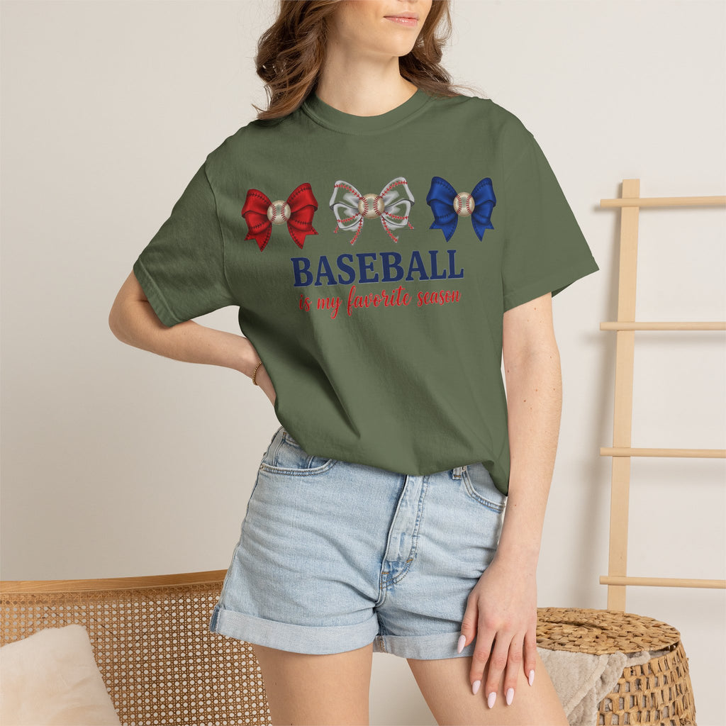 Baseball Is My Favorite Season Shirt, Red White Blue Bows Tee, Baseball Mama Shirt, Opening Day Gift