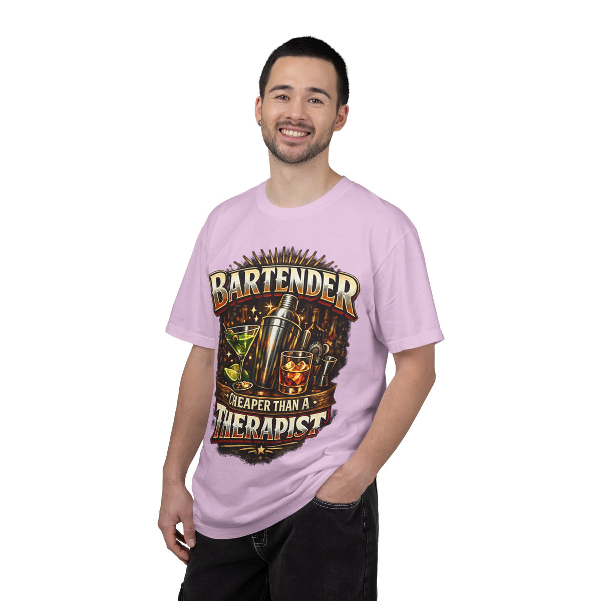 Bartender T-Shirt — "Bartender: Cheaper Than a Therapist" Vintage Bar Graphic Tee
