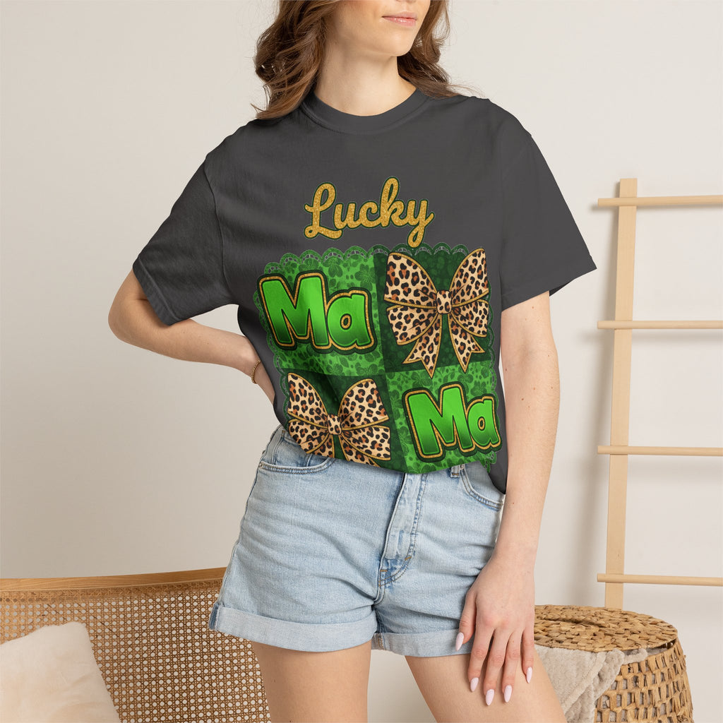 Lucky Mama Quad Shirt, Shamrock Leopard Bow Tee, St Patricks Day Mom Shirt, Irish Mama Gift