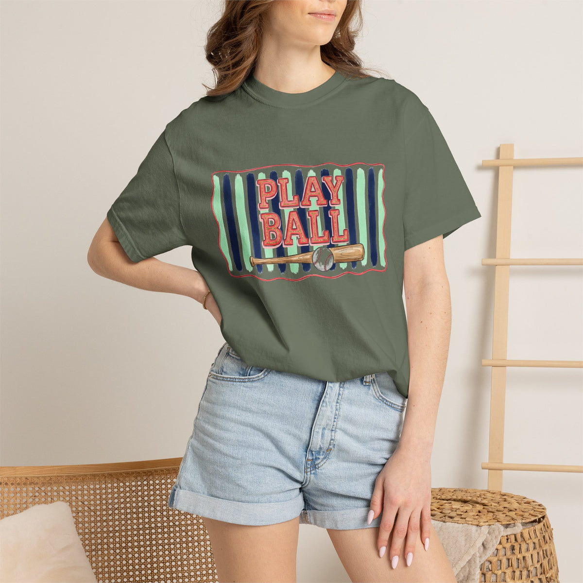 Play Ball Shirt, Painted Stripe Baseball Tee, Vintage Baseball Mom Shirt, Game Day Gift