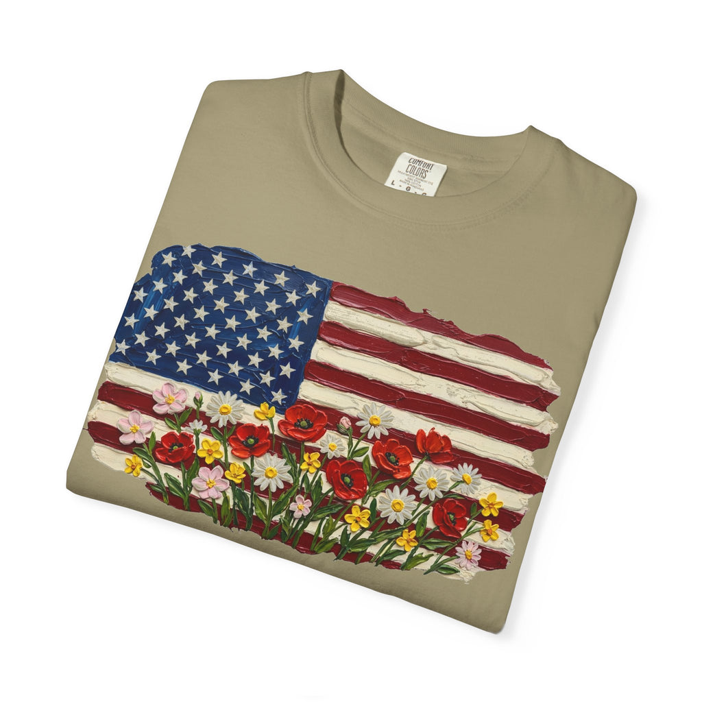 Impasto American Flag Wildflowers Shirt, Painted Flag Floral Tee, Patriotic Garden Shirt, Fourth Of July Gift