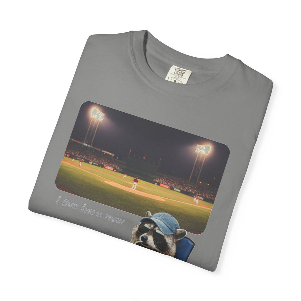 I Live Here Now Ballpark Raccoon Shirt, Funny Baseball Parent Tee, Camp Chair Raccoon Shirt, Sports Mom Gift