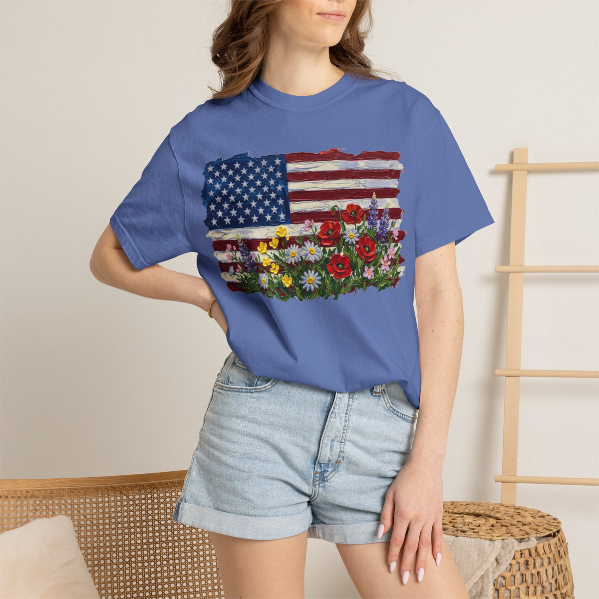 Painted Flag Wildflower Meadow Shirt, Impasto Americana Floral Tee, Patriotic Shirt, Independence Day Gift
