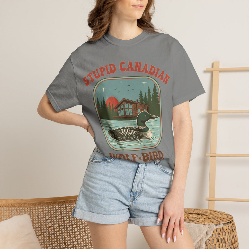 Stupid Canadian Wolf-Bird Arched Shirt, Retro Loon Sunset Badge Tee, Funny Lake Shirt, Cabin Gift