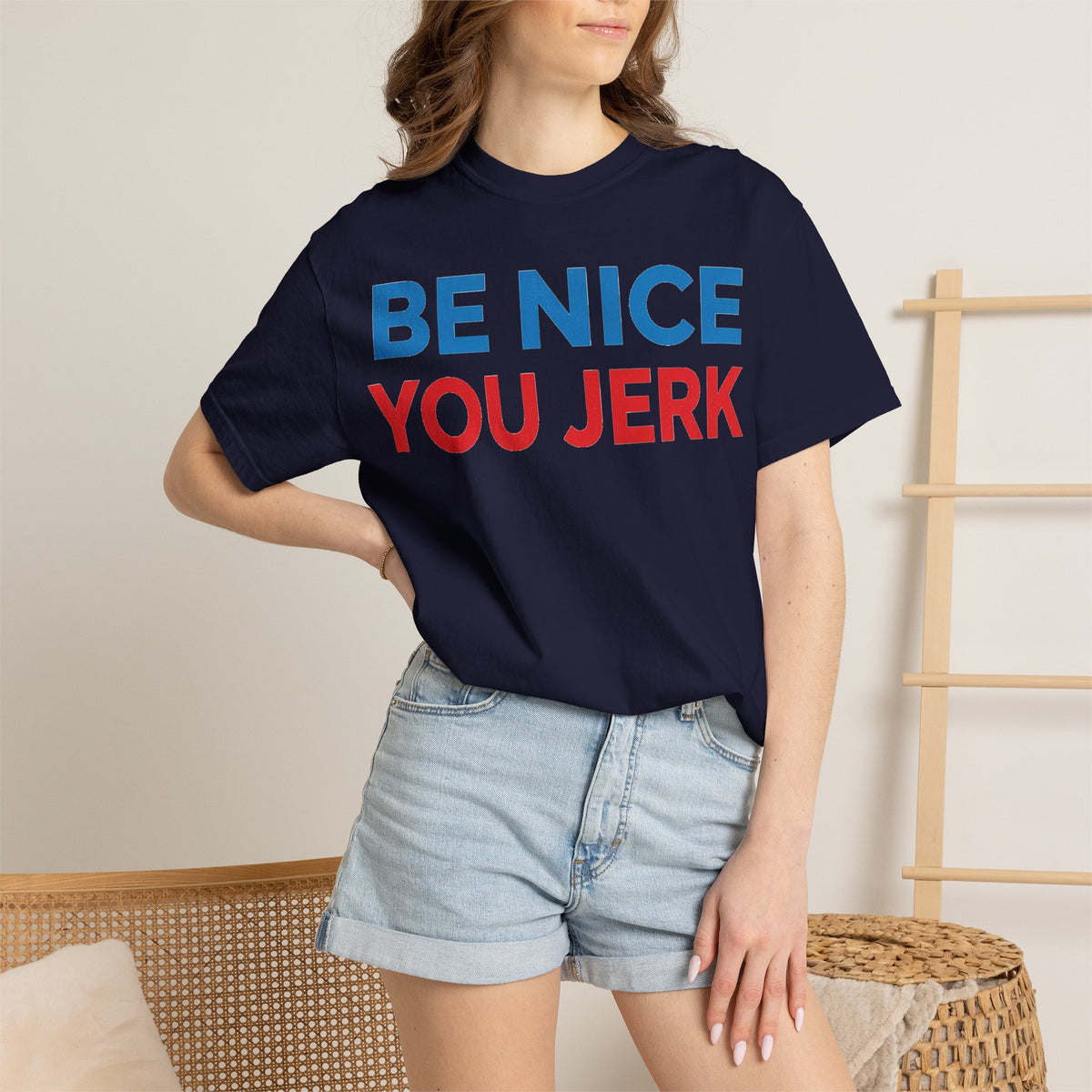 Be Nice You Jerk Wide Shirt, Funny Sarcastic Saying Tee, Light Blue And Red Shirt, Funny Friend Gift
