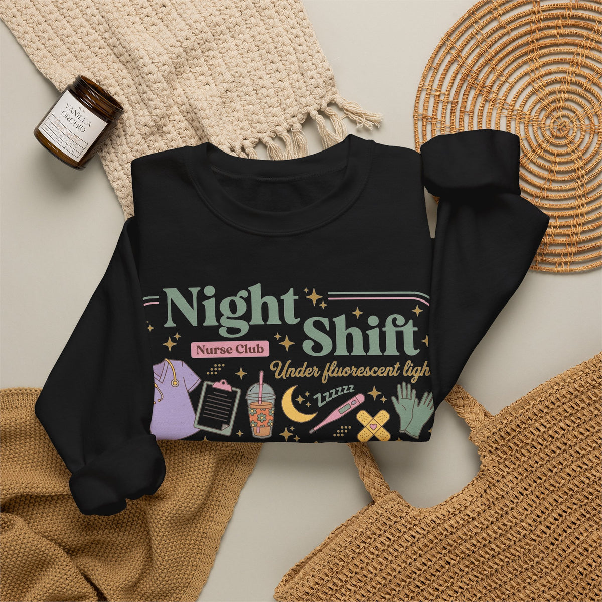 Night Shift Nurse Club Sweatshirt, Under Fluorescent Lights And Moonlight Sweatshirt, Retro Nurse Gift, Night Nurse Scrubs Doodle Sweatshirt