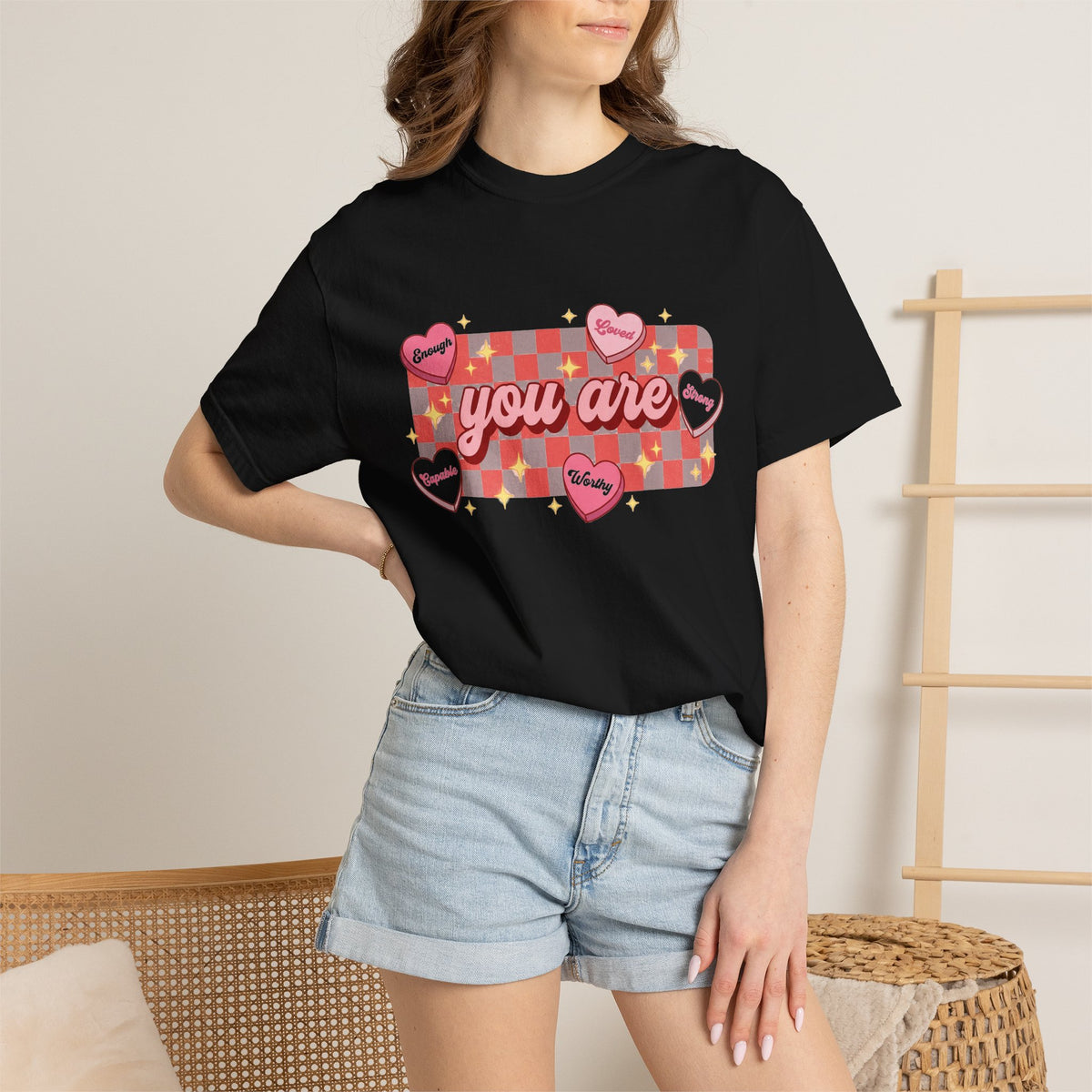 You Are Enough Loved Worthy Shirt, Conversation Heart Checkerboard Tee, Affirmation Valentine Shirt, Gift For Her