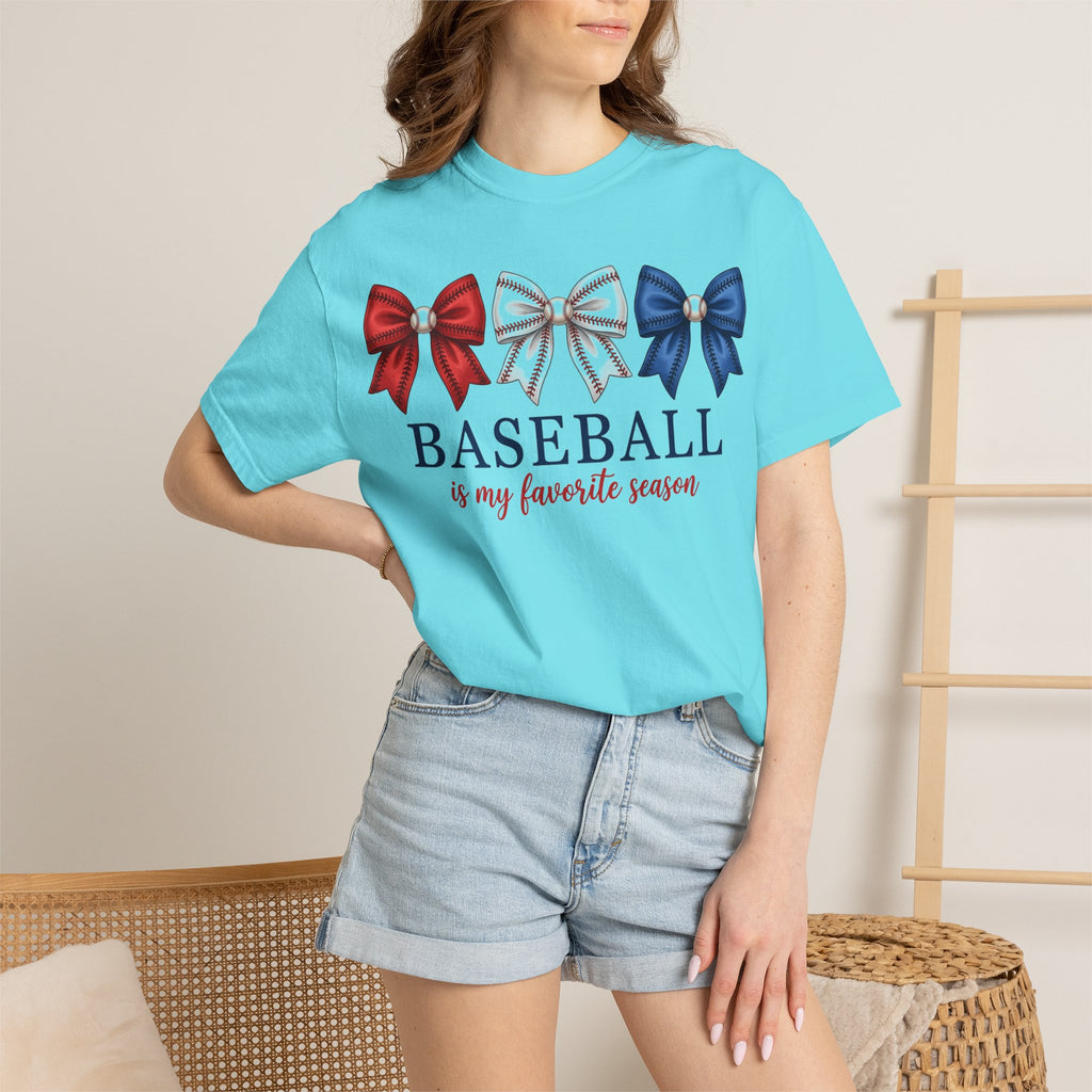 Baseball Is My Favorite Season Tee, Small Bow Trio Baseball Shirt, Coquette Sports Mom Shirt, Game Day Gift