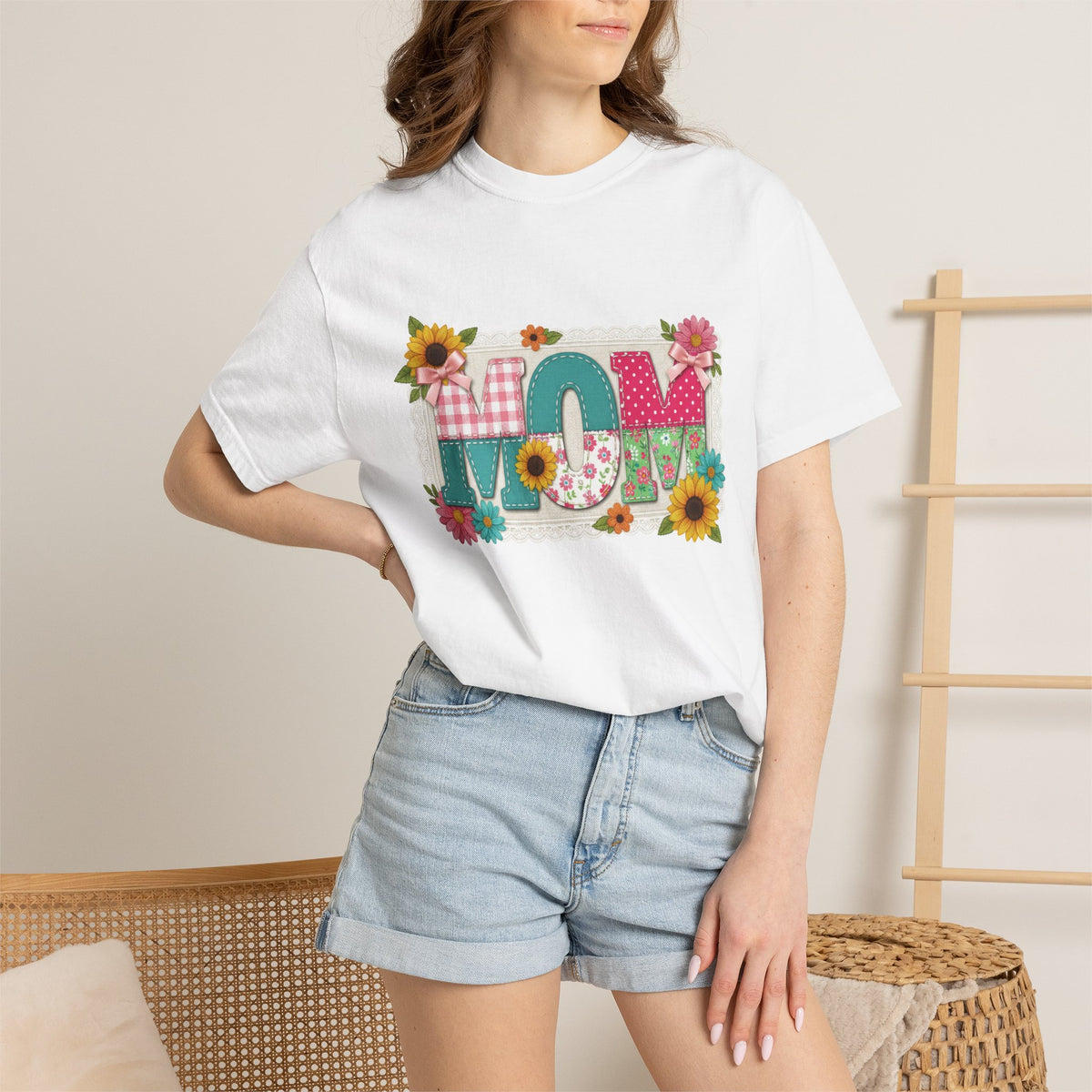 Mom Sunflower Applique Shirt, Faux Stitch Floral MOM Tee, Mothers Day Shirt, Mom Gift