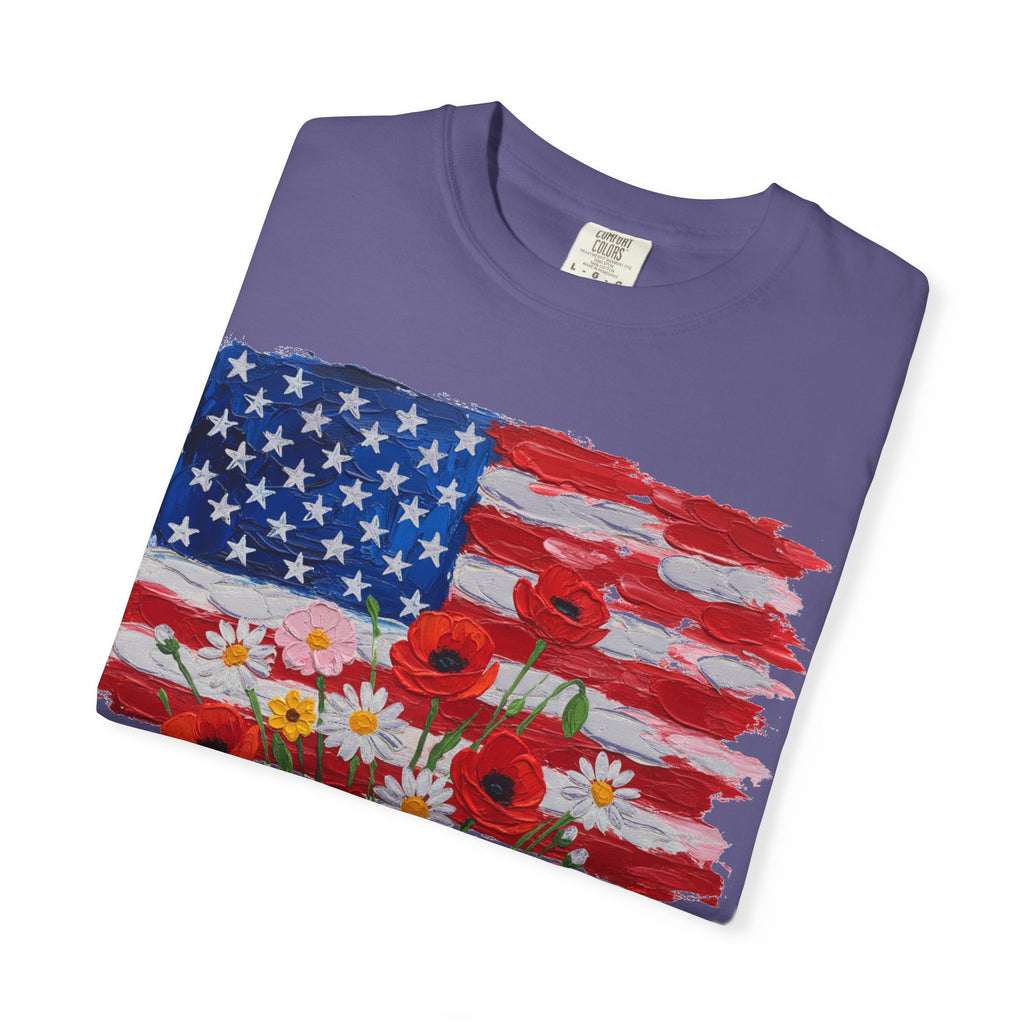 American Flag Poppy Bouquet Shirt, Impasto Patriotic Floral Tee, Memorial Day Shirt, Veterans Gift