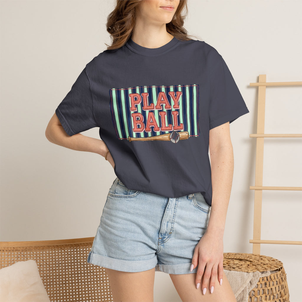 Play Ball Wide Stripe Shirt, Baseball Bat And Ball Tee, Vintage Game Day Shirt, Baseball Mom Gift