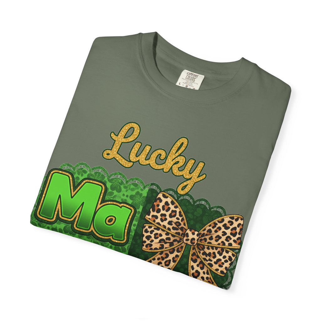 Lucky Mama Quad Shirt, Shamrock Leopard Bow Tee, St Patricks Day Mom Shirt, Irish Mama Gift