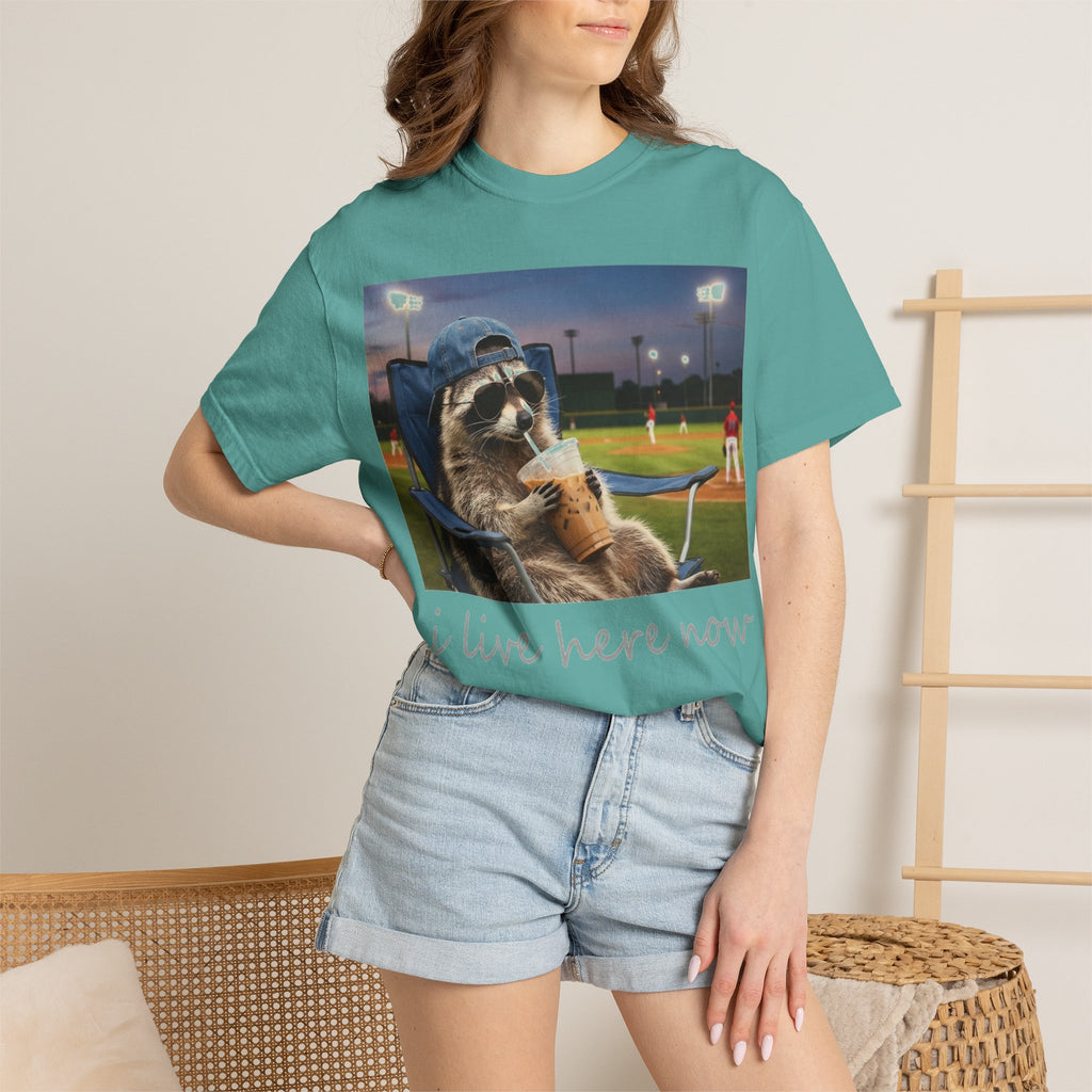 I Live Here Now Baseball Raccoon Shirt, Funny Sports Parent Tee, Iced Coffee Raccoon Shirt, Baseball Mom Gift