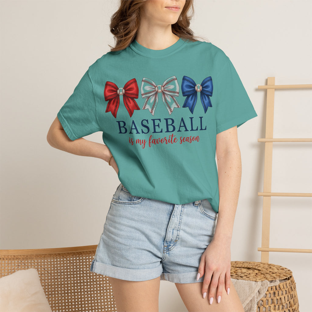 Baseball Is My Favorite Season Tee, Small Bow Trio Baseball Shirt, Coquette Sports Mom Shirt, Game Day Gift