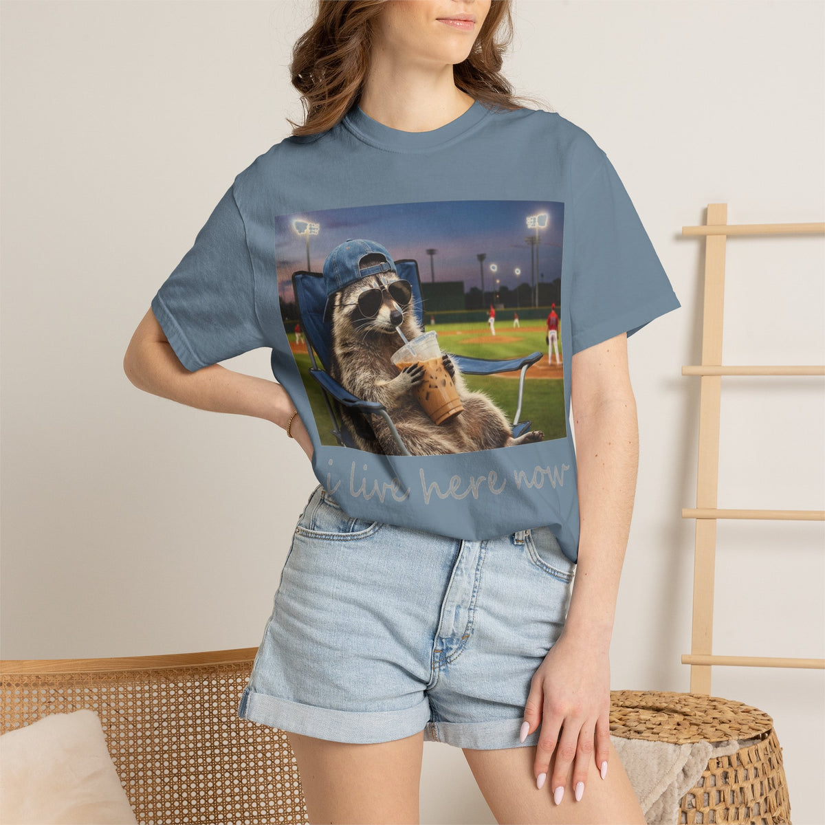 I Live Here Now Baseball Raccoon Shirt, Funny Sports Parent Tee, Iced Coffee Raccoon Shirt, Baseball Mom Gift