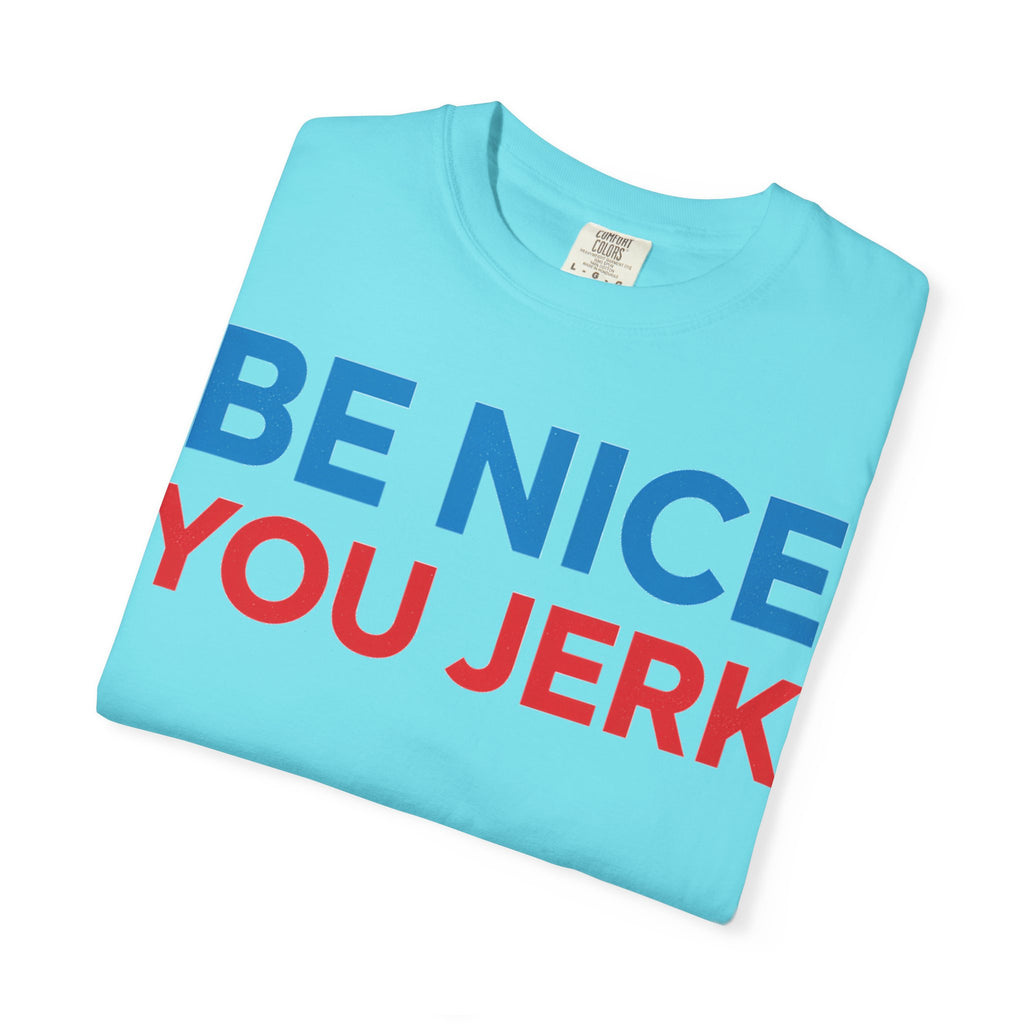 Be Nice You Jerk Wide Shirt, Funny Sarcastic Saying Tee, Light Blue And Red Shirt, Funny Friend Gift
