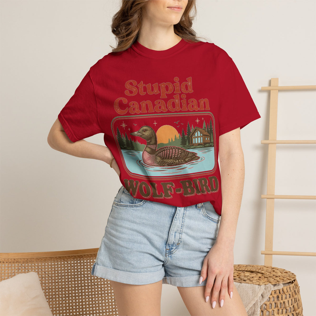 Stupid Canadian Wolf-Bird Classic Shirt, Loon Lake Scene Badge Tee, Funny Cabin Shirt, Lake Life Gift